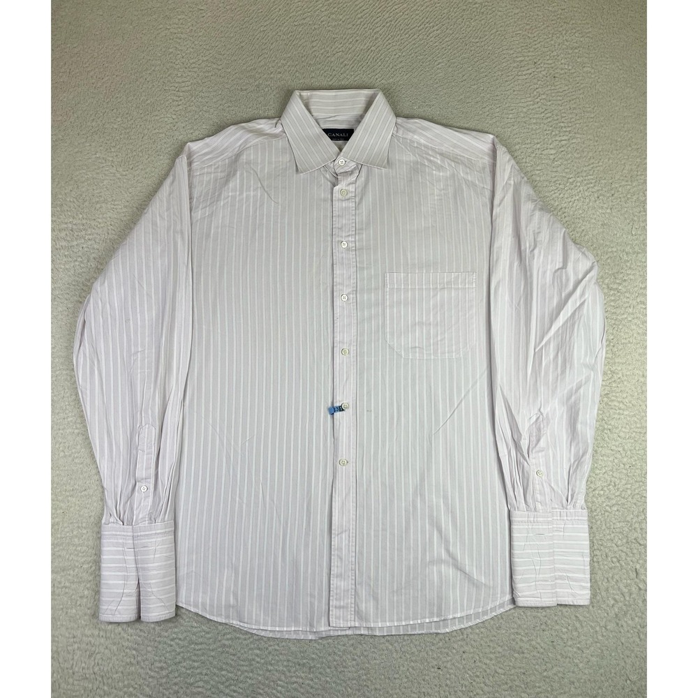 Canali Dress Shirt Mens 17.5 34/35 White Stripe Classic Fit Made In Italy‎ LS
